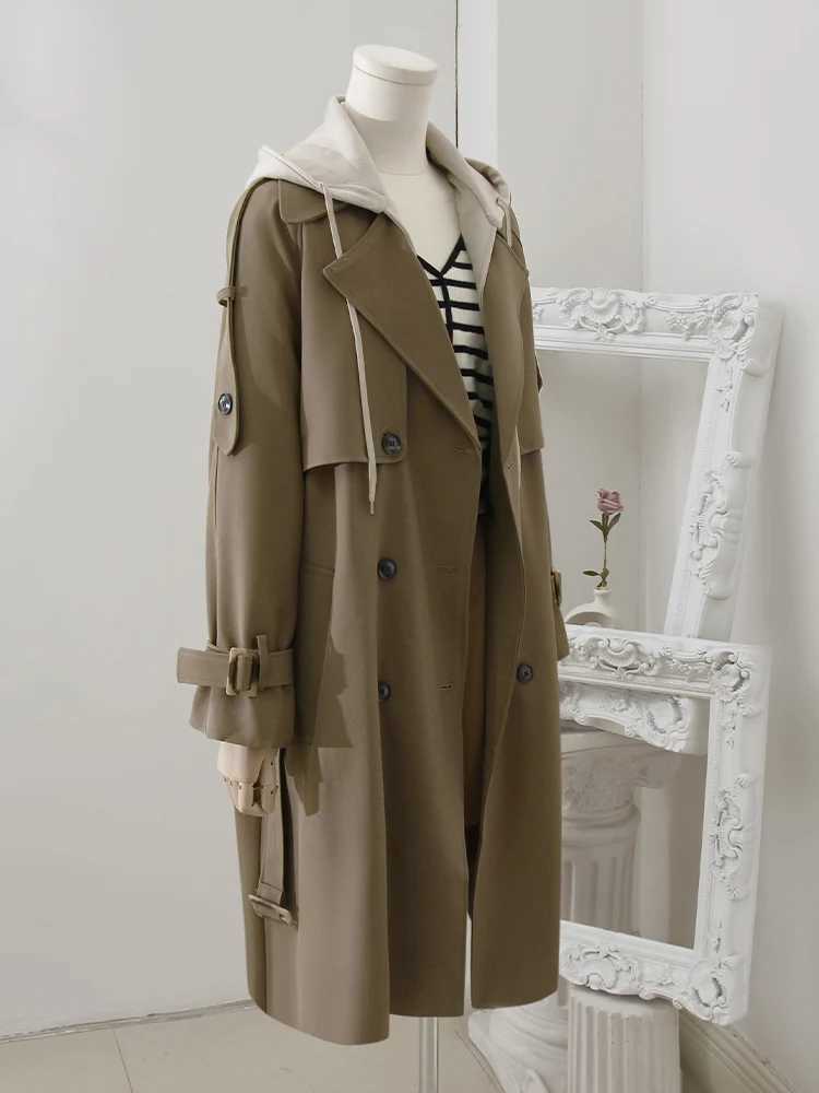PlusizeShe Spring Autumn Long Loose Casual Khaki Trench Coat for Women with Detachable Hood Double Breasted Korean Fashion 2024X240921