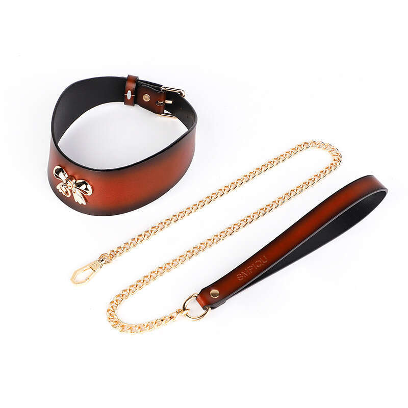 High end SM props, golden bow, romantic traction collar, leather collar, alternative choker, adult product
