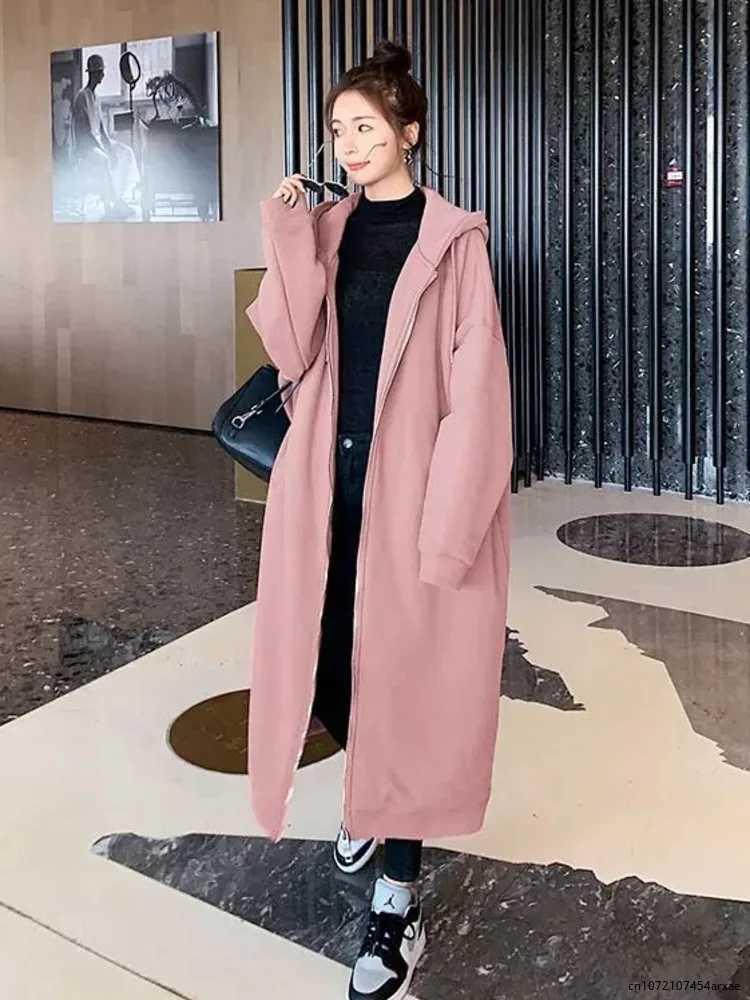 2023 Autumn Winter Women Long Trench Coat Office Lady Casual Zipper Outwear Long Sleeve Jackets Hooded Maxi DressX240921