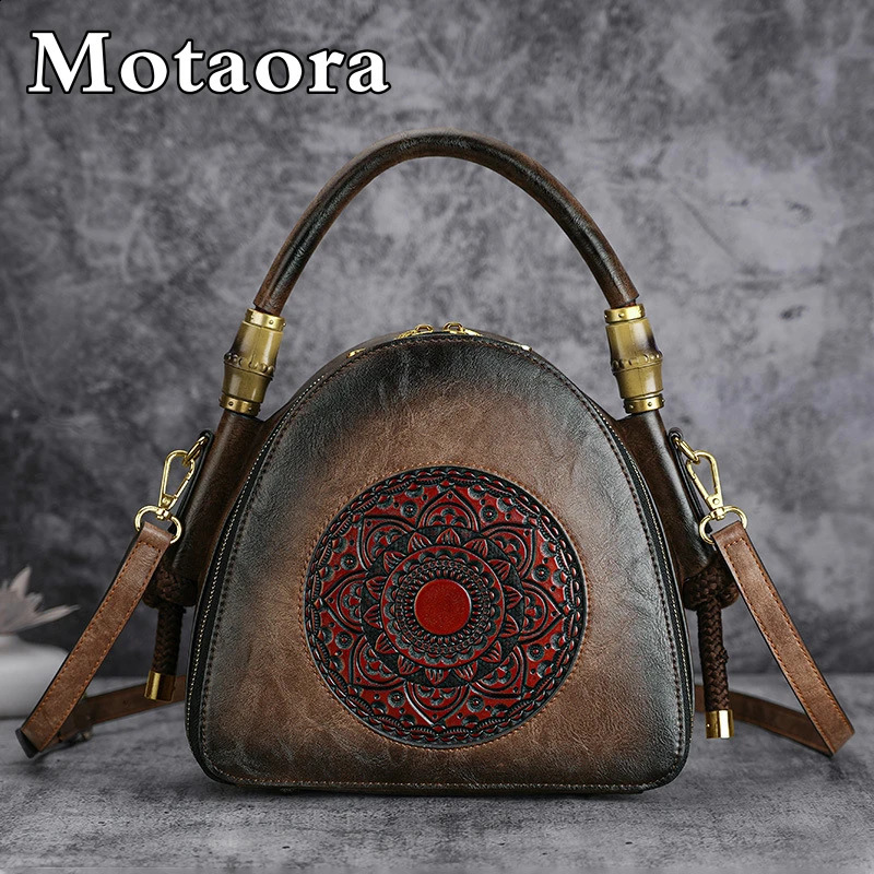 MOTAORA Retro Embossed Womens Shoulder Bag Handmade Bohemian Leather Handbag 8Color SAC 240919