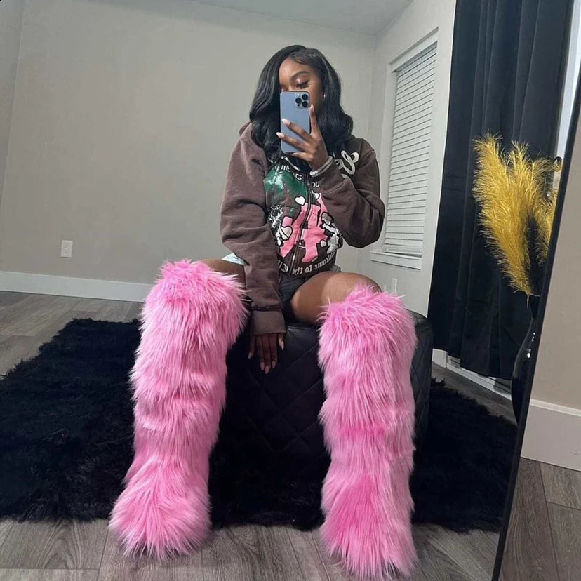 Women Winter Thigh Fluffy Ladies Furry Faux Fox Long Warm Shoes girls er Plush Knee High Fur Boots 240909CJ
