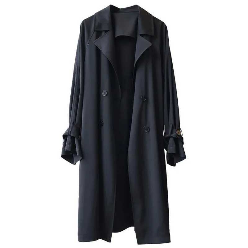 Womens V-neck Midi Spring and Autumn New Fashionable Commute Solid Color Button Long Sleeved Oversized England Thin Trench CoatX240921