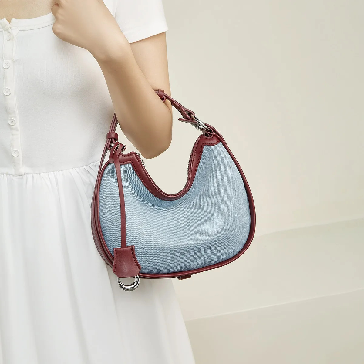 FOXER denim womens shoulder bag highquality homeless cross body fashionable PU leather retro simple blue zipper handbag 240919