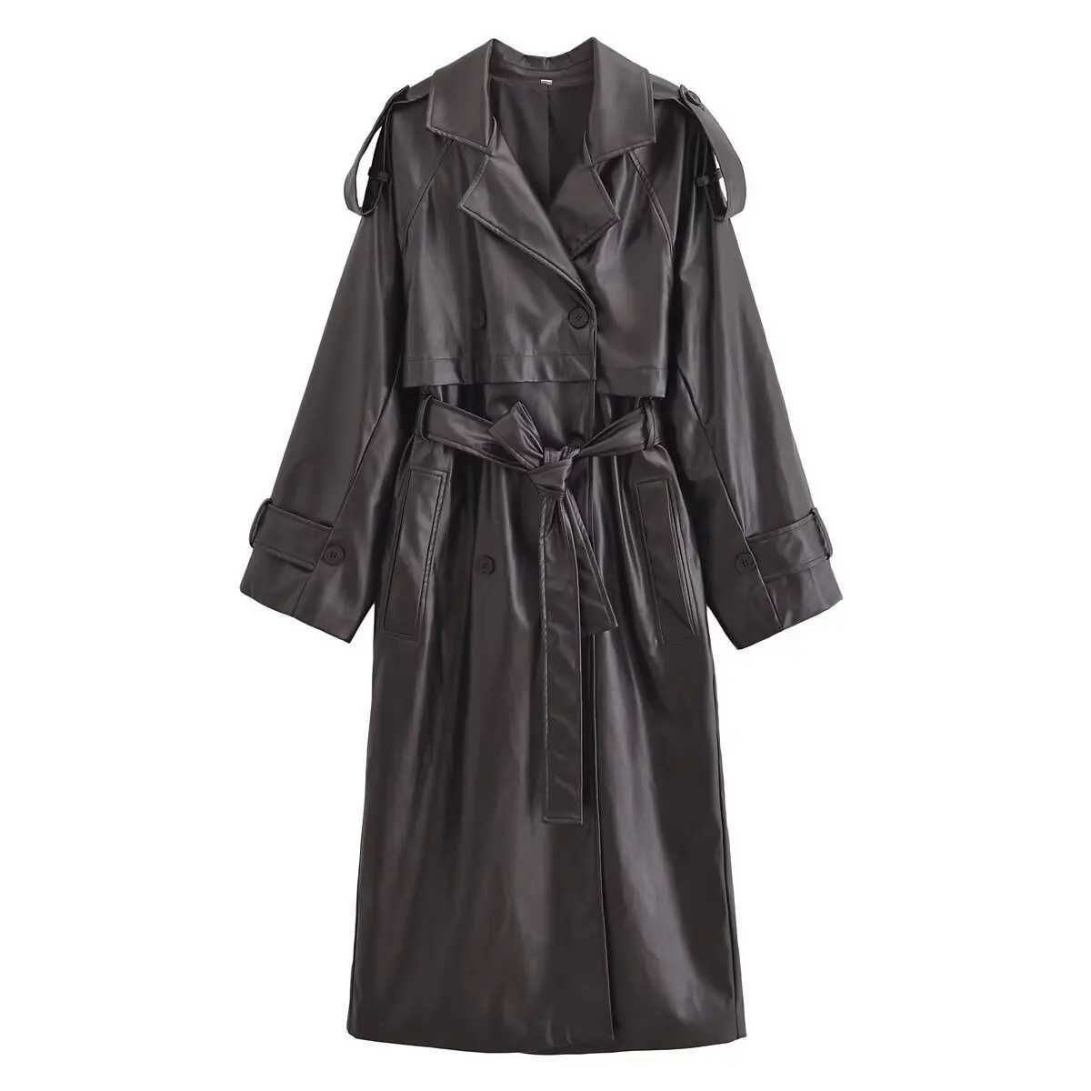 Y2K TRAF PU Leather Women Long Trench Coat 2024 Winter Chic Double-breasted with Belts Loose Windbreaker Outerwear Lady TrenchX240921