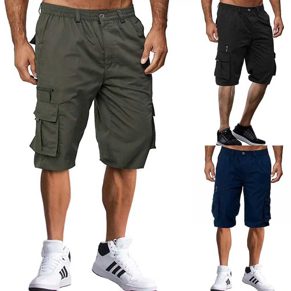 Mens Straight Trousers Cargo Pants With Pockets Zipper Elastic Waist Men Shorts for 2024 Summer Casual Loose Sports StreetwearX240921