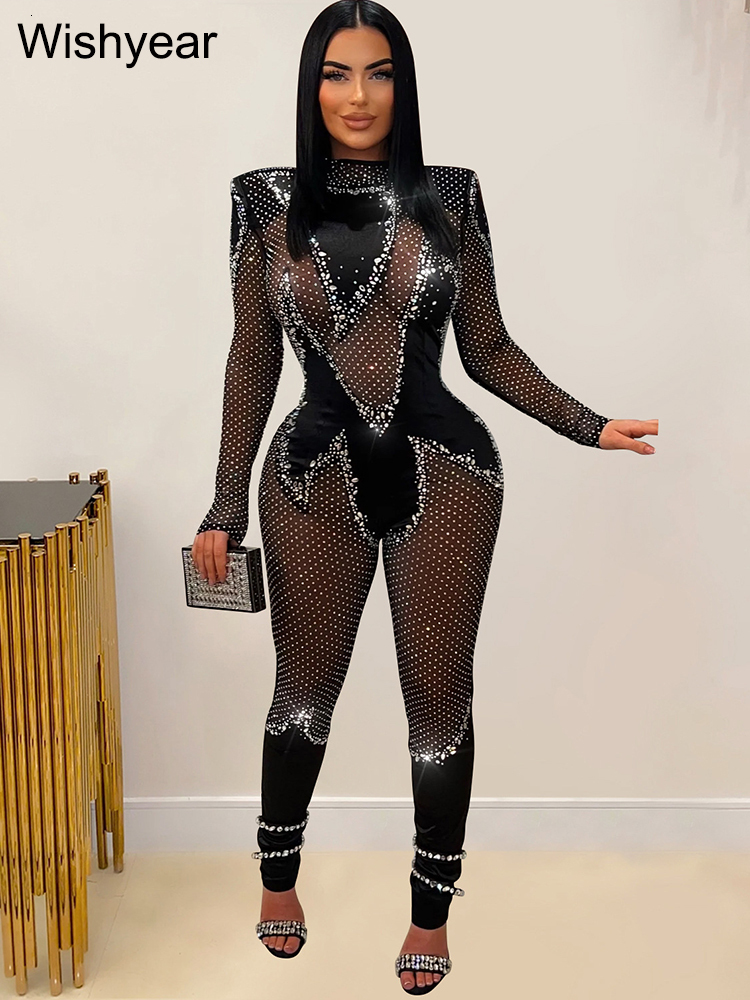 Year Rhies Sparkle Long Sleeve Skinny Mesh Black Jumpsuits Women's Birthday Sexy Night Club One Piece Rompers