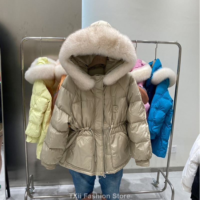 Korean New Winter Women White Duck Down Jacket Real Large Fox Fur Collar Coat Thick Warm Streetwear Female Parka Snow Outwear