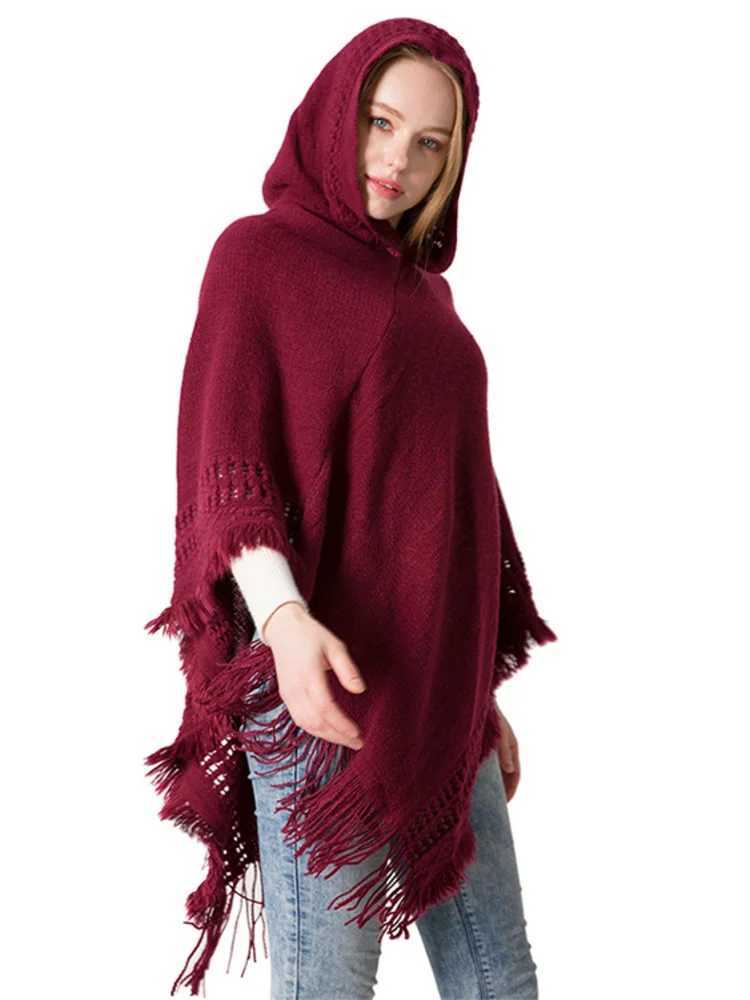 Winter Knitted Hoodie Solid Color Pullover Sweater Womens Casual Tassel Batwing Sleeve Shawl Cape Womens Open Collar W240921