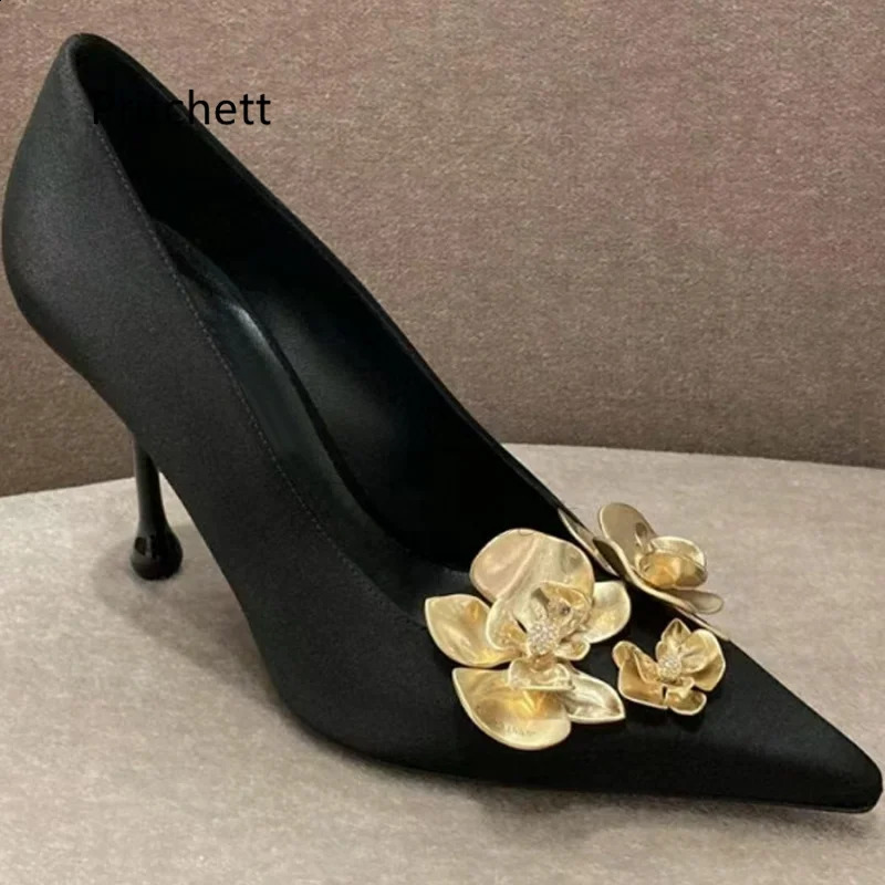 Black satin high-heeled womens pump gold orchid horn toe flower shallow single shoe sexy slim high-heeled spring office shoes 240919