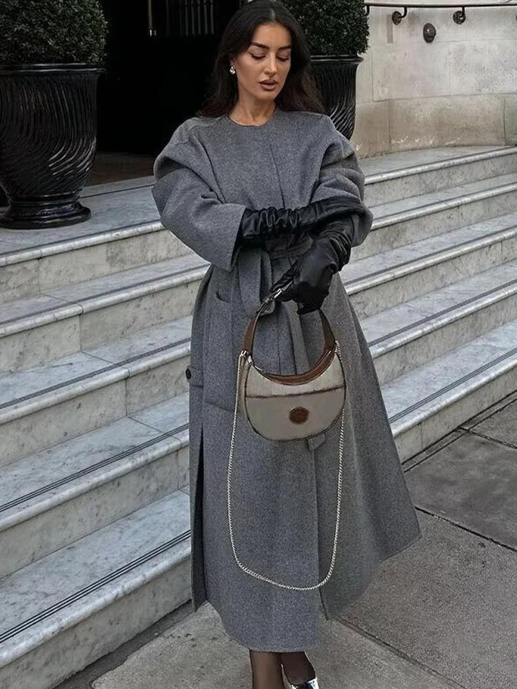 Grey Long Woolen Coats Women Fashion Elegant Wool Blend Jackets Female Winter Vintage Lace-Up Overcoat High Street Chic Coats 240918
