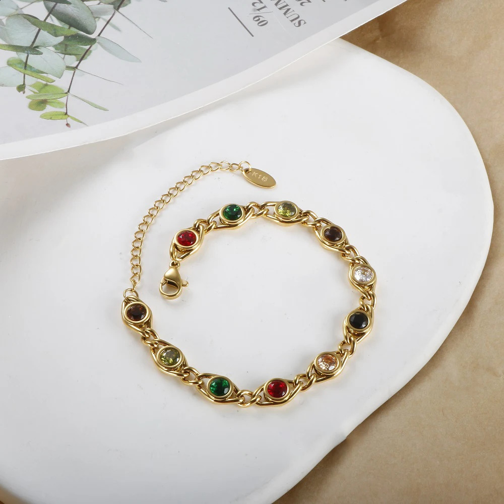 Exquisite Colorful Zircon Bracelet Stainless Steel Gold Plated Jewelry for Women Fade Resistant Wholesales Trendy Gift 240919