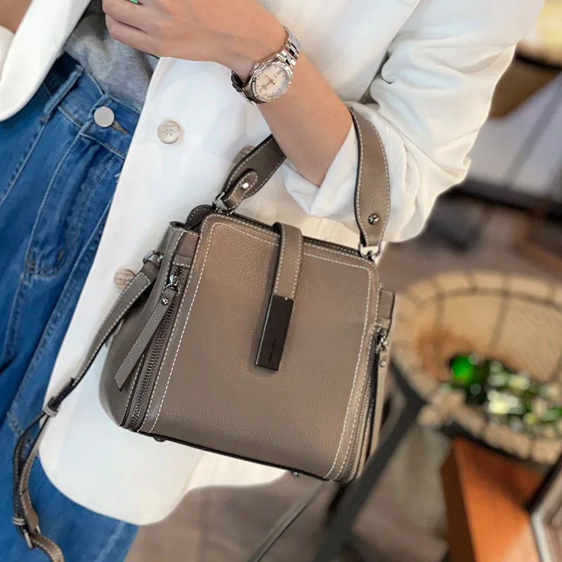 Real Genuine Leather Versatile Fashion Women's Small TLXT Handbag High Quality Shoulder Bag Lady Commuting Crossbody Bucket Bag