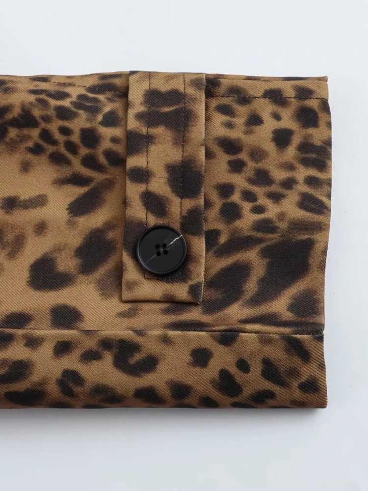 ZBZA Women Vintage Leopard Trench Coat Loose Long Sleeve Lapel Single-breasted Pocket Mid-length Outerwear Fall Winter Lady CoatX240921