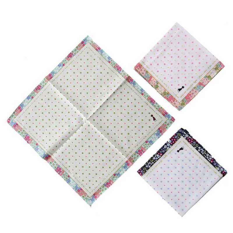 3Pcs 33x33cm Cartoon Cat Flower Printed Women Kids Handkerchiefs Bandanas Pocket Hankies Soft Cotton Party GiftX240921