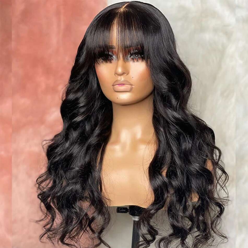 30 inch Body Wave Wigs With Bangs Bob Human Hair Brazilian On Sale Clearance Choice 3x1 Lace Wig For Black Women