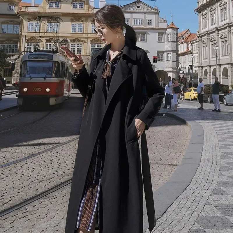 Autumn/Winter New Women 2024Korean Mid length Loose Trench Coat Women Versatile Black Leisure Advanced Sense Fashion WindbreakerX240921