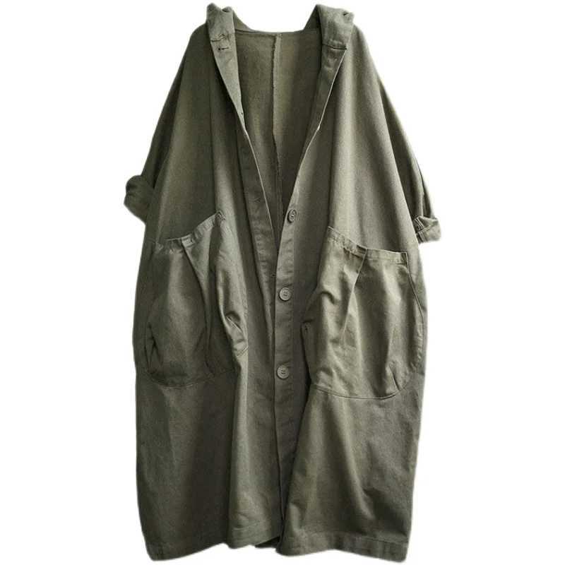 5544 Artsy Women Mid-Length Hooded Trench Coat Casual Simple All-Match Big Pocket Elegant Daily Fashion Urban Green WindbreakerX240921