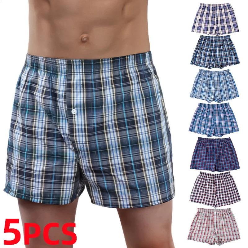 5 pieces/batch Boxer mens thin summer underwear shorts casual plain weave elastic waistband button mens boxing underwear woven shorts 240921