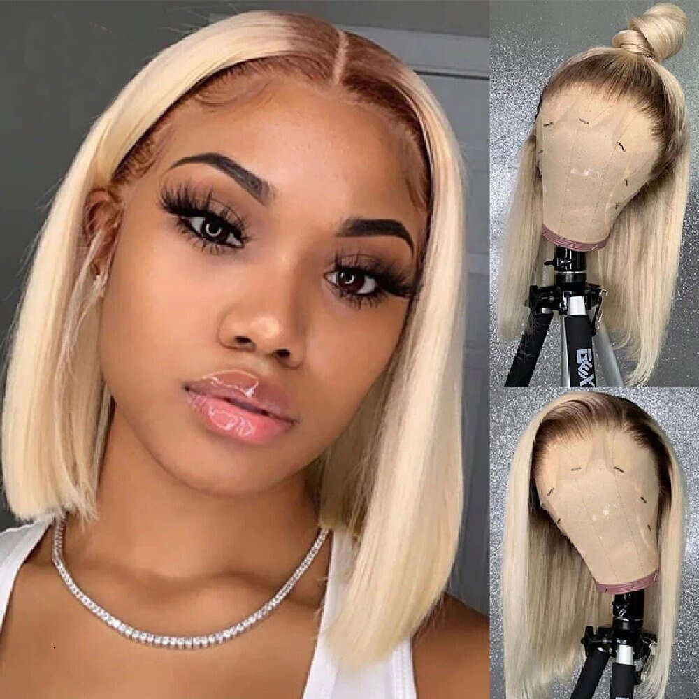 Ombre 13x4 Front Human Hair Wigs Dark Root #4/613 Honey Blonde Colored Short Bob Lace Frontal Wig Clearance Sale