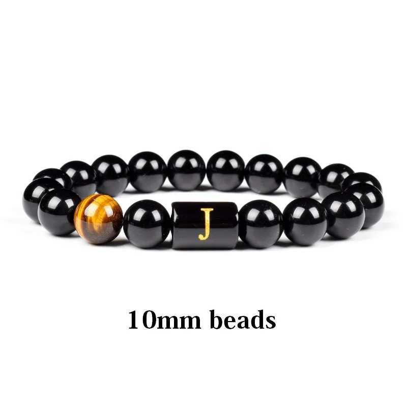 Initials Bracelets for Men Letter Link Handmade Natural Black Onyx Tiger Eye Stone Beads Bracelet Polished Black Agate BanglesX240921