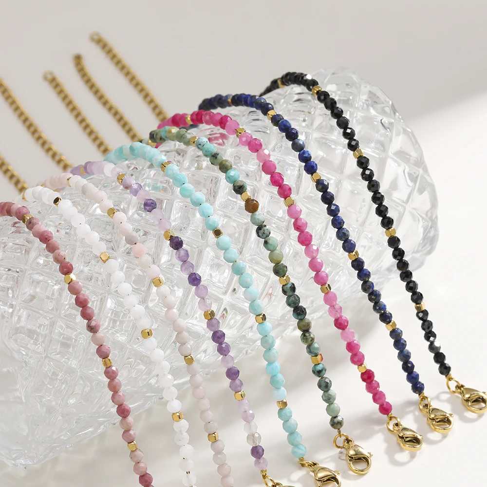 Muliti-color 3mm Faceted Nature Stone Beaded Bracelet For Women Shiny Stainless Steel Square Spacers Exquisite Party GiftX240921