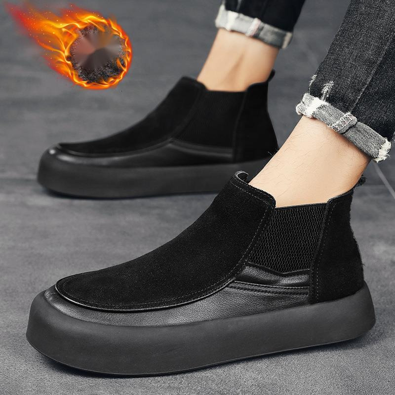 Winter cotton velvet, snow boots for men, mid top warmth, casual thick soled board shoes with added velvet
