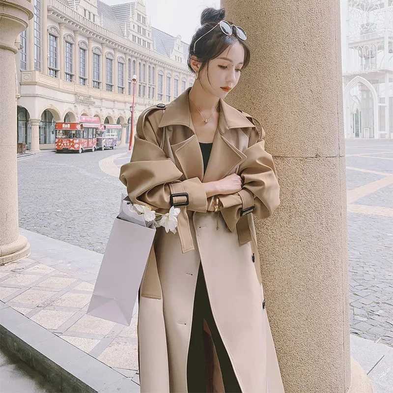 Trench Coat Women 2023 Spring Autumn New Korean Loose Senior Sense Windbreaker Jacket Female Large Size Stitching Long OuterwearX240921