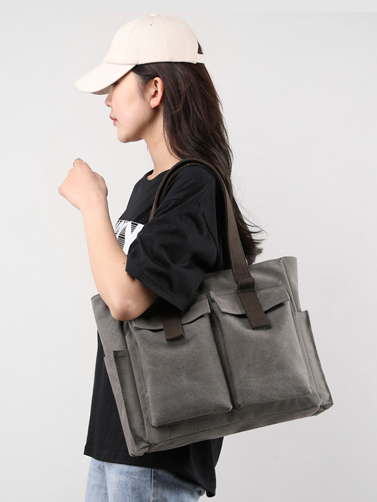 Women's Canvas Tote Purse Shoulder Bag Small Handbag Multi-Pocket Top Handle Bags With Zipper For Travel Work