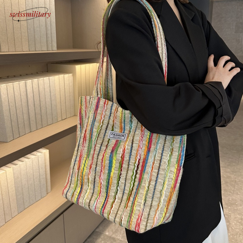 Single shoulder for women, large capacity Korean version ins embroidery rainbow stripe commuting canvas bag, summer tote bag #26 Swissmilitary