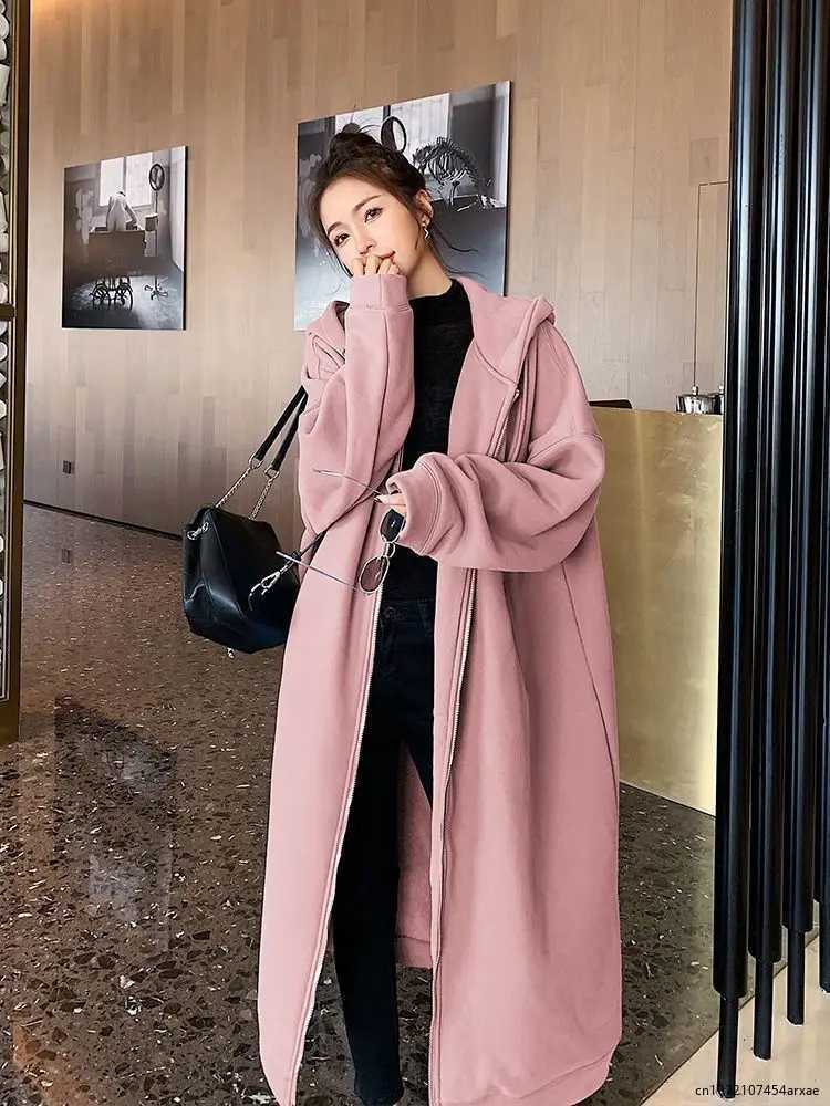 2023 Autumn Winter Women Long Trench Coat Office Lady Casual Zipper Outwear Long Sleeve Jackets Hooded Maxi DressX240921