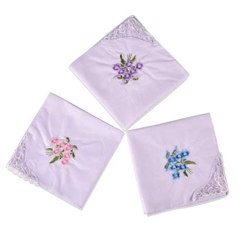 3Pcs 28x28cm Cotton Flower Embroidered Lace Hankie Towel Lady Handkerchiefs Women Washable Pocket Random ColorX240921