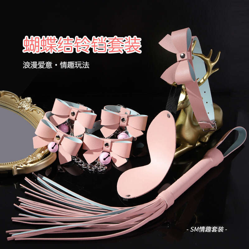 SM Prop Set 5-piece Bow Sex Collar Female Slave Training Bell Handcuffs Macaron SM Leather Whip