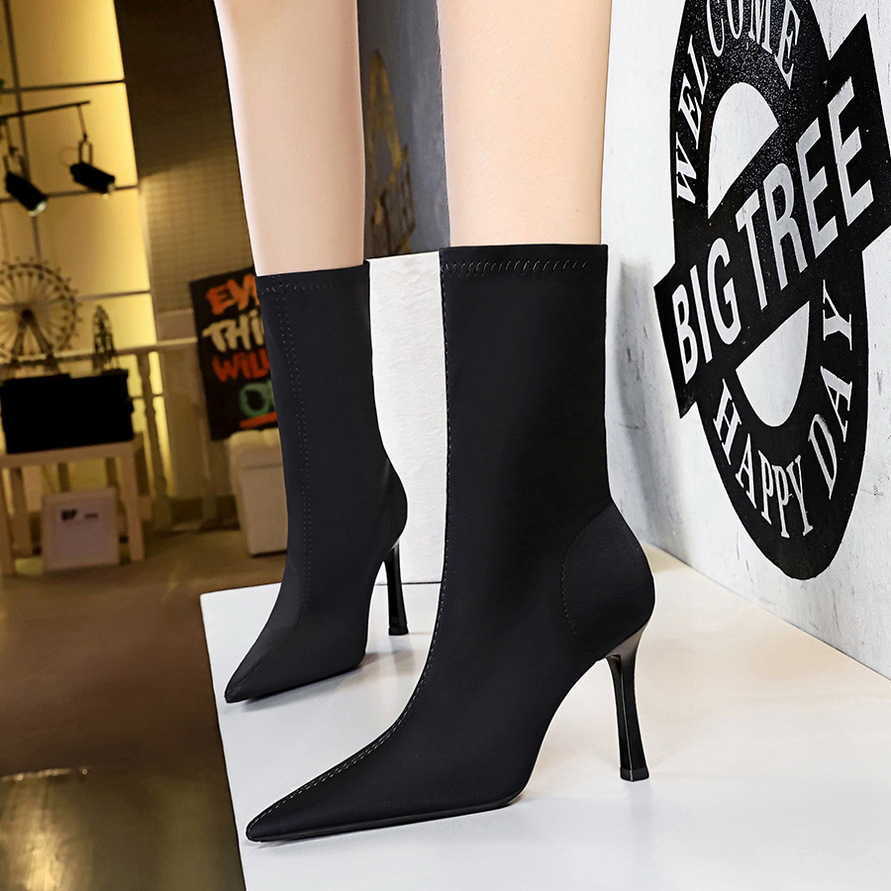 CMM Fashion Banquet Slimming and Minimalist High Heeled Short Boots Pointed Elastic Lycra High Heels