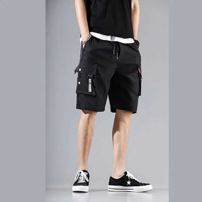2024 Summer Mens Clothing Drawstring Solid Color Large Pockets Shorts Solar System Cargo Knee Pants Korean Version Cargo ShortsX240921