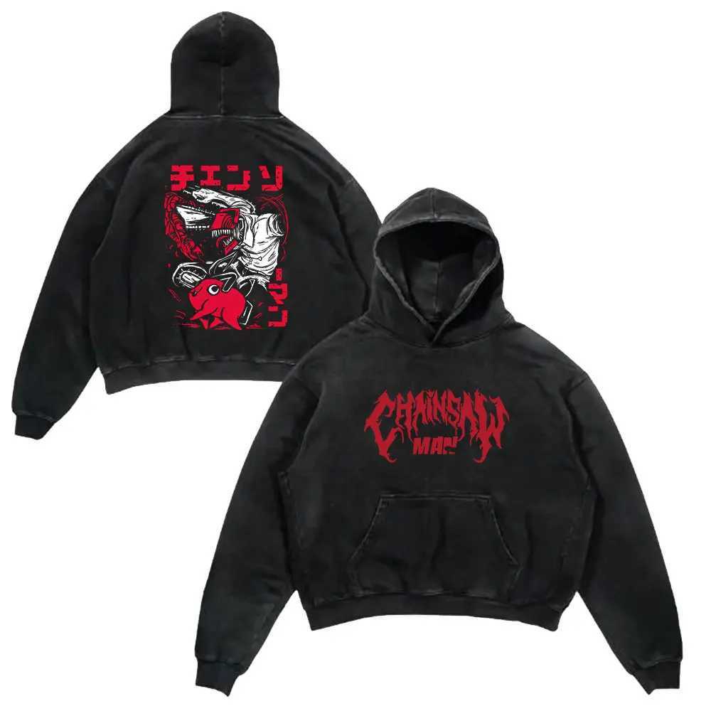 Anime chainsaw mens retro washed hooded sweatshirt black Danji print retro W240921