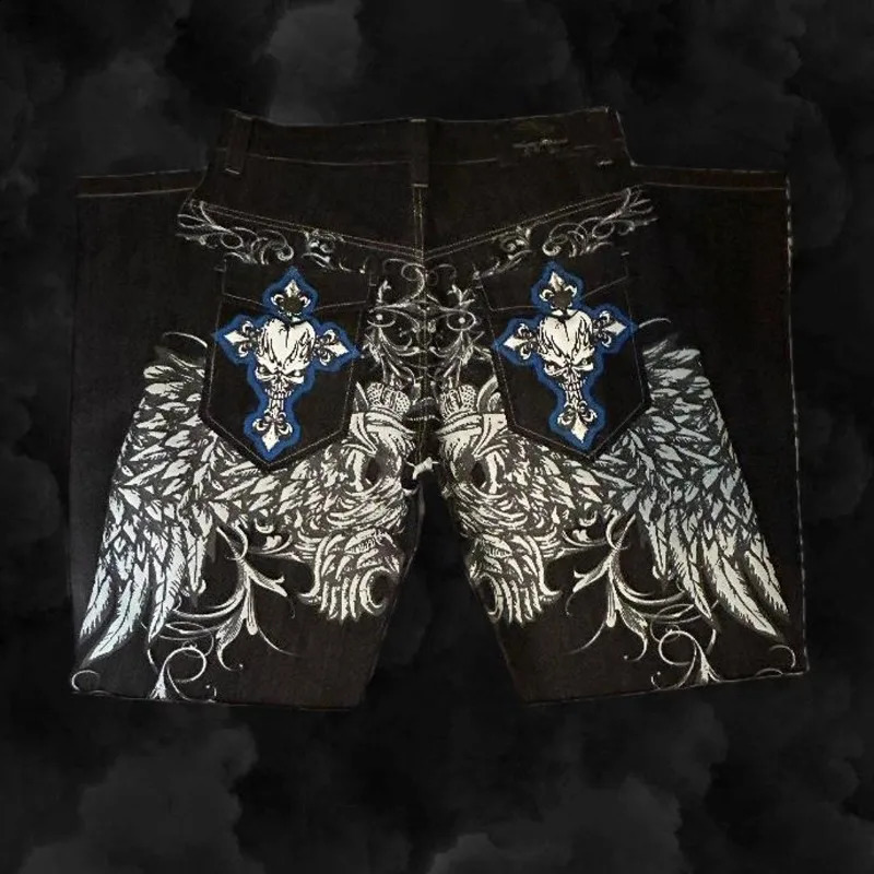 Skull geometric Gothic pattern street high waisted jeans for men 2000s American retro hiphop fashion straight pocket pants 240913