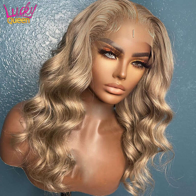 Ombre 13X4 Transparent Lace Front Human Hair Brown Root Body Wave Ash Blonde 5X5 Closure Wig Pre Plucked