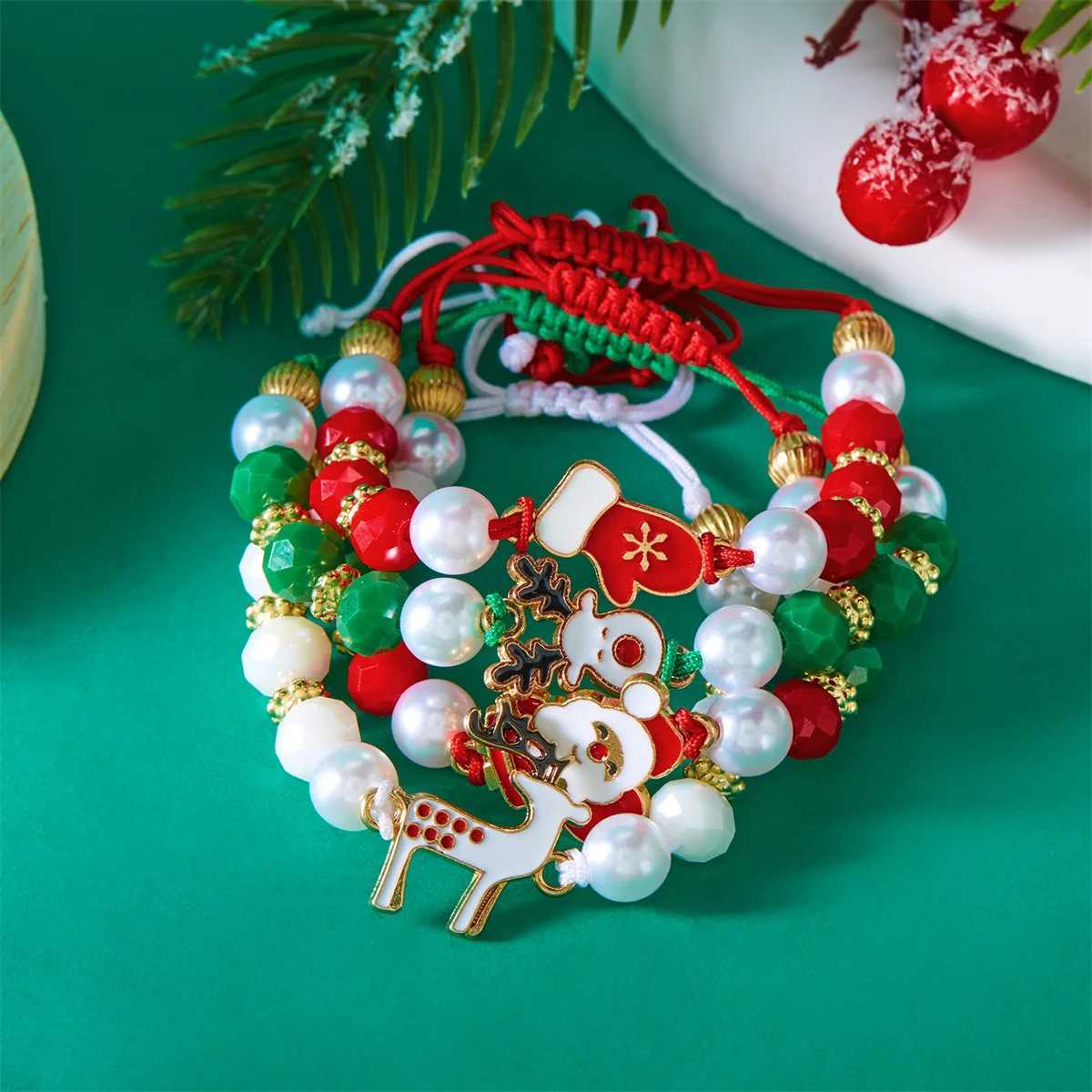 4Pc/Set Merry Christmas Tree Santa Claus Bracelet For Women Xmas Deer Crystal Polymer Clay Beads Woven Bracelet New Year JewelryX240921