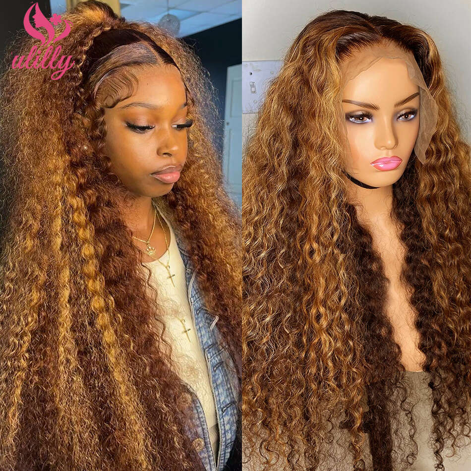 13x4 Highlight Brown Front Honey Blonde Colored Kinky Curly Human Hair Wigs Deep Wave Lace Frontal Wig
