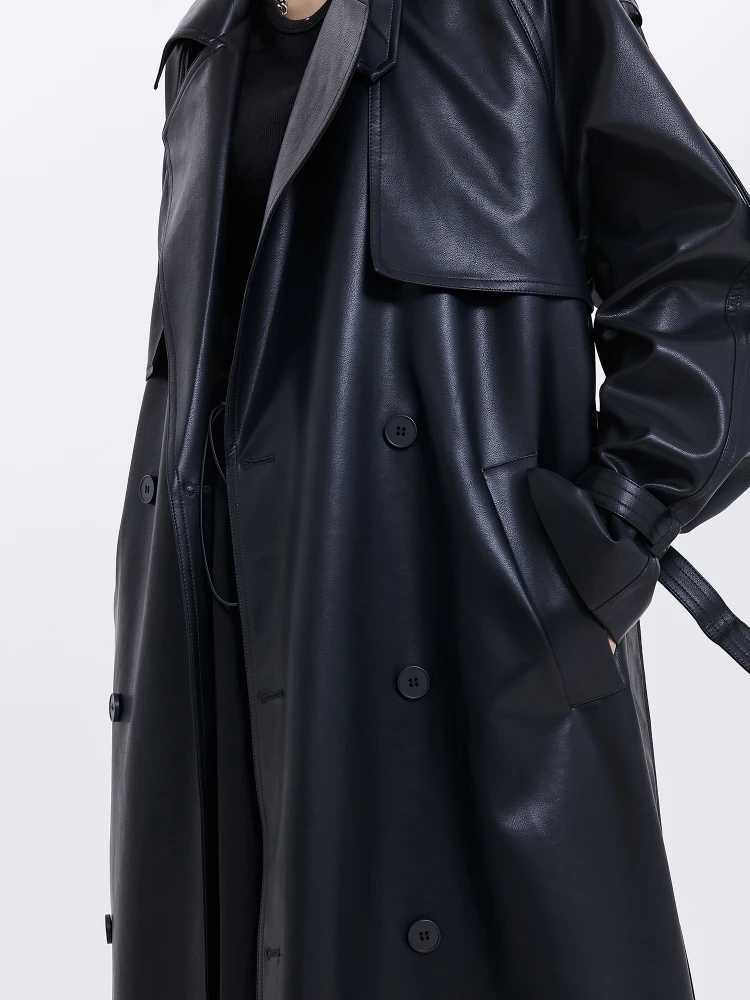 ADAgril Black Leather Trench Coat Women Retro Biker Long Windbreak Jackets Loose Korean Style Fashion Autumn Winter Clothes NewX240921