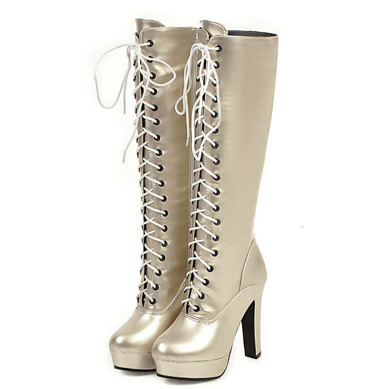 Lace Up Knee Women Winter Shoes Autumn Black Gold Sier High Heel Platform Boots Female PU Leather Large Size 46