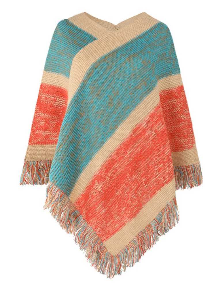Autumn and Winter Batwing Sleeve Rainbow Stripe Raincoat Womens Fashion Sweater Cloak 2023 New Lanhua Shawl Womens Tassel Corner W240921