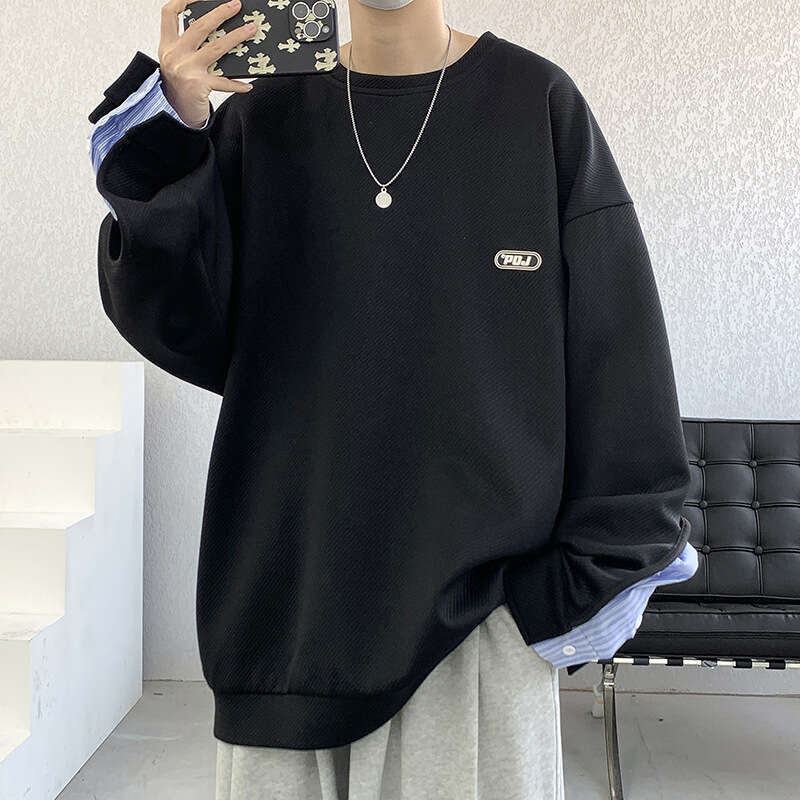 2024 Trendy Round Neck Label Hoodie Men's Spring Large Retro Striped Shirt Sleeve Splicing Top