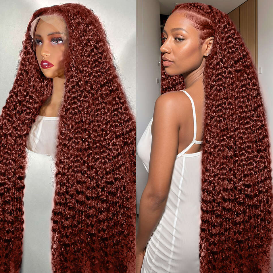 200% Reddish Brown 13x4 Deep Wave Frontal Curly Wigs Brazilian 13x6 HD Lace Front Human Hair Wig For Women