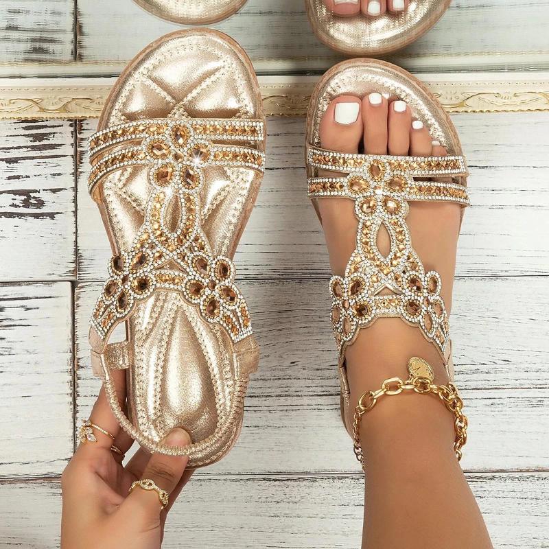 2025 S Fashion Designer Sandals For Women Comfort With Elastic Ankle Strap Casual Bohemian Beach Shoes Crystal Ral Open Toe