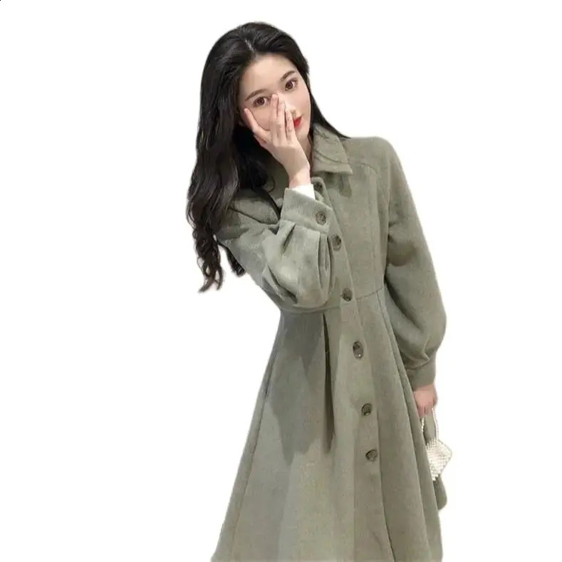 Woolen Coats French Vintage Women Autumn Winter Elegant Pleated Long Coat Female Sweet Lantern Sleeve Jackets 240918
