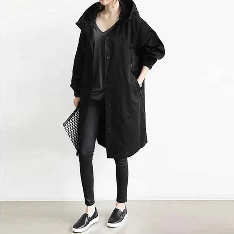 Hooded Pocket Long Sleeve Windbreaker Loose Coat Mid Length Jacket British Style Women Clothes Solid Autumn Thin Casual VintageX240921
