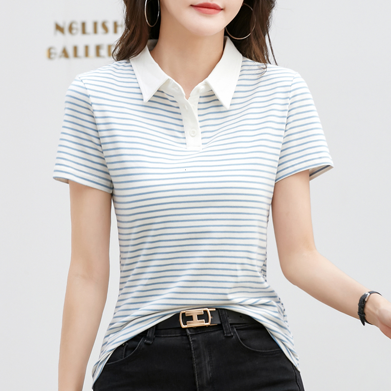 Korean style short sleeved polo shirt, cotton elastic fashionable summer top, elegant knitted striped women's T-shirt, free shipping
