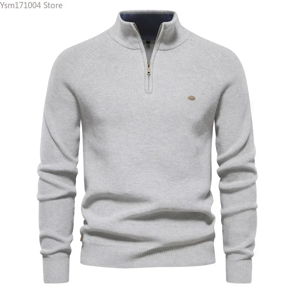 New Men's Half High Neck Zipper Solid Elastic Slim Fit Long Sleeve Casual Business Men Knitted Pullover Sweater