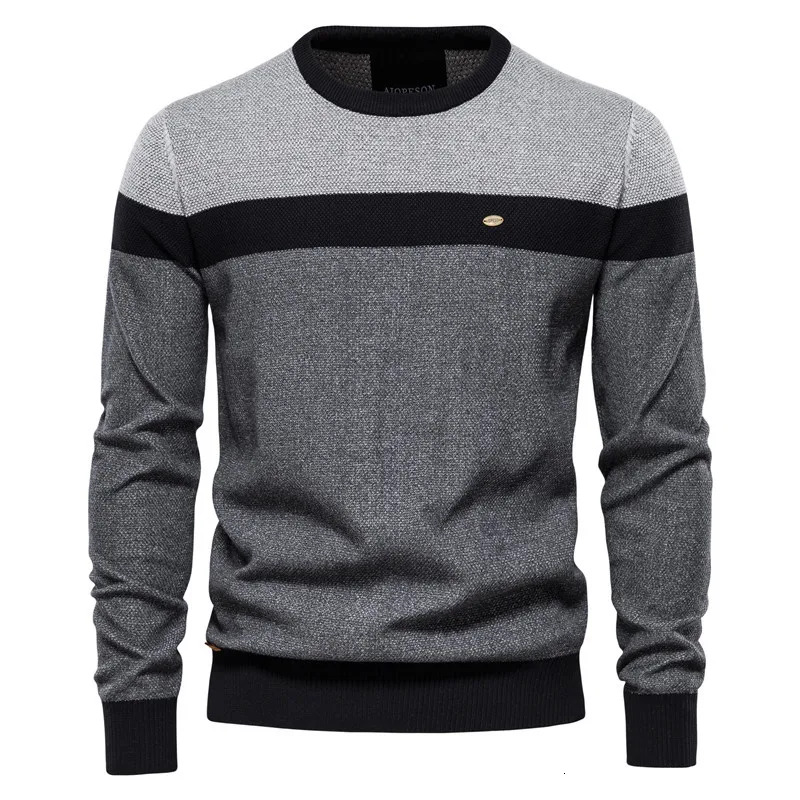 Autumn Winter Mens Sweater High-Quality Round Neck Stripe Color Blocking Warm Pullover Male Fashion Casual Knitwear Men Clothing